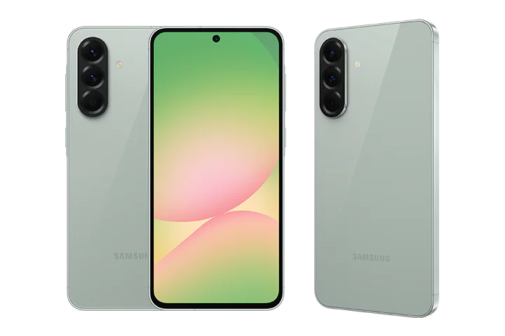 Samsung Galaxy A36 5G smartphone with triple rear camera setup, slim design, flat-edge frame, and AMOLED display in light green color variant.