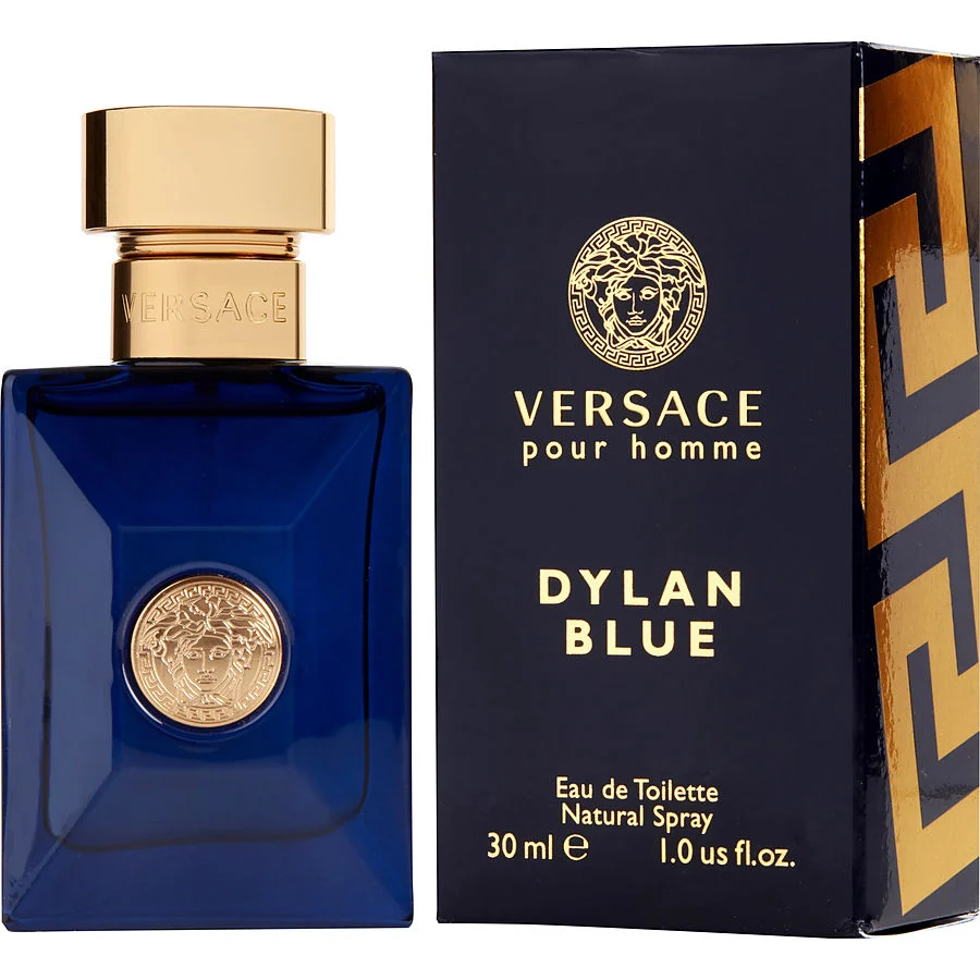 Versace Dylan Blue Pour Homme Eau de Toilette bottle and packaging with signature blue and gold design. 