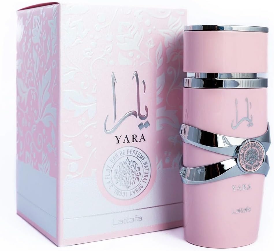 Lattafa Yara pink perfume bottle with matching box on a white background
