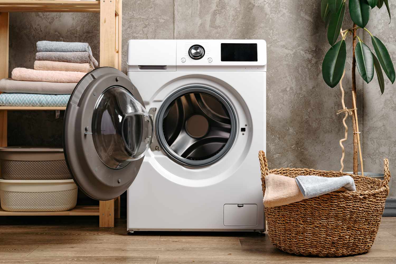 Open front-loading washing machine beside folded towels and a woven laundry basket