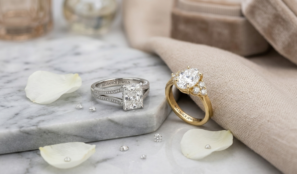 Diamond engagement rings displayed on marble with white petals and scattered gemstones.