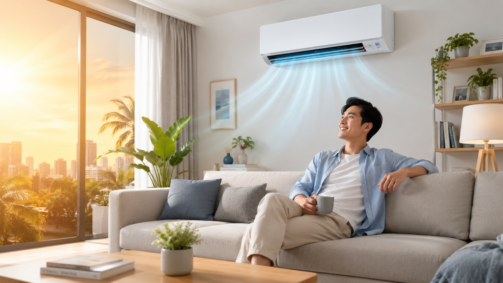 Man relaxing on a sofa beneath a wall-mounted air conditioner blowing cool air
