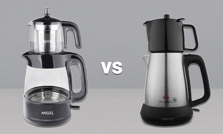 tea maker comparison: Migel glass tea maker vs stainless steel tea maker side by side.