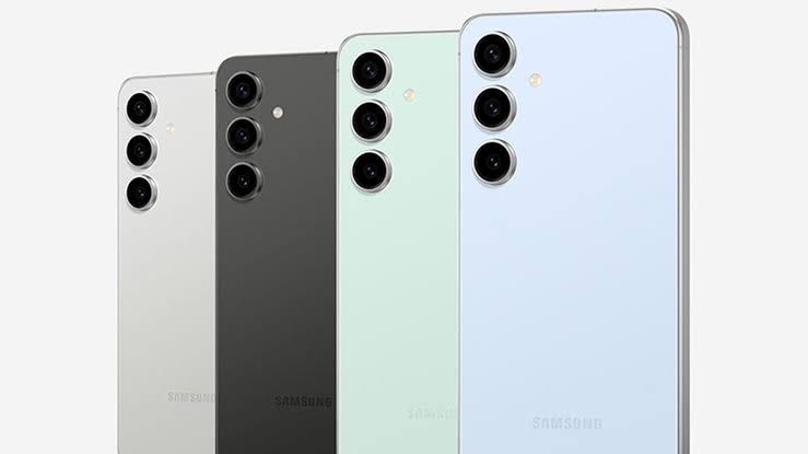 Samsung Galaxy S24 FE displayed in four colors with triple rear cameras.
