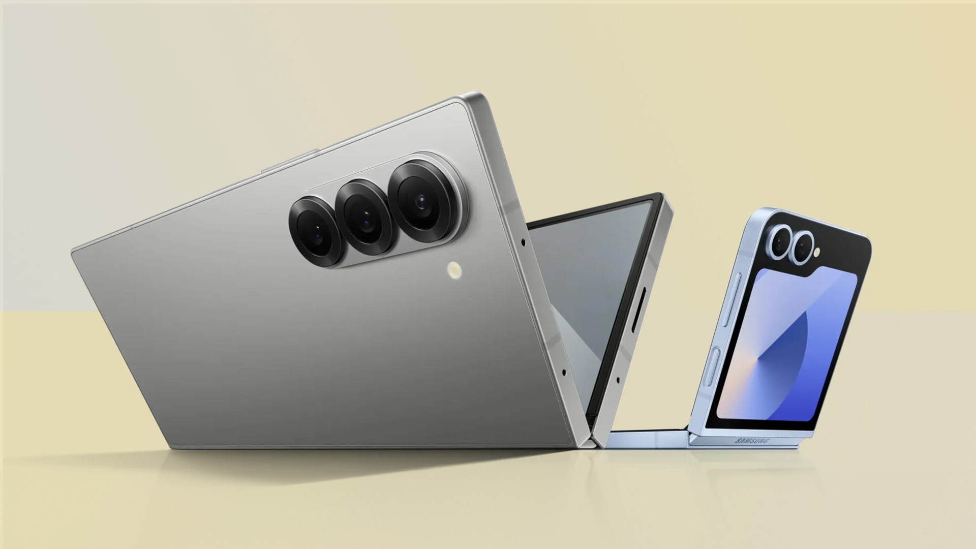 Samsung Galaxy Z Fold and Z Flip foldable smartphones displayed in open positions.