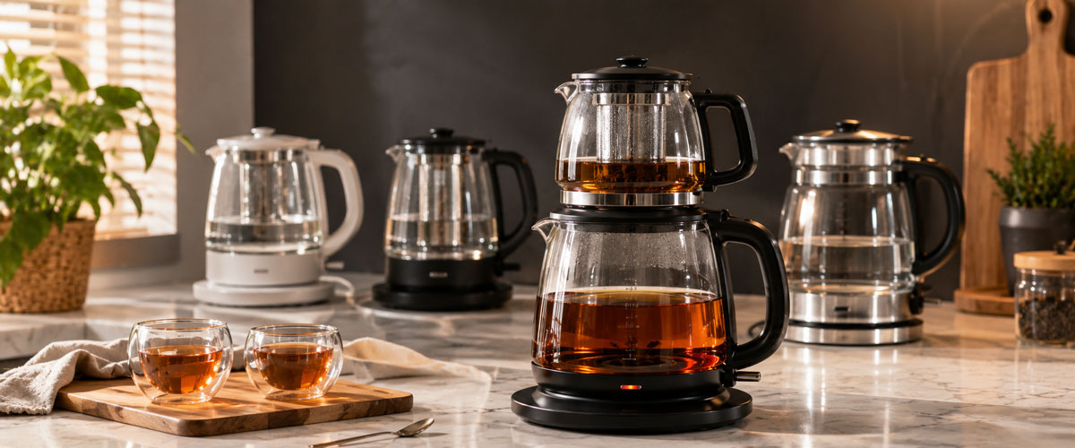 Glass tea makers brewing tea on a modern kitchen countertop with two filled tea cups.