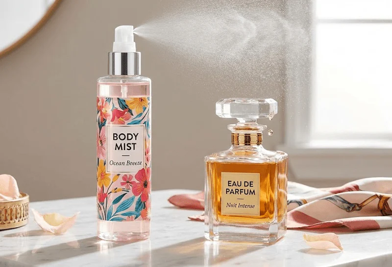 Body mist and eau de parfum bottles displayed on a table with fragrance spray mist in the background