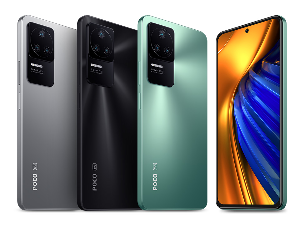 POCO smartphones displayed in black, silver, and green with front and rear views.
