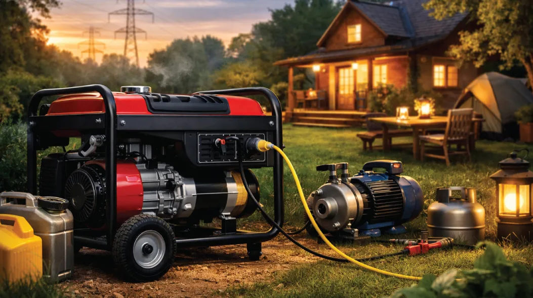 Portable generator powering equipment beside a villa during an outdoor evening setup
