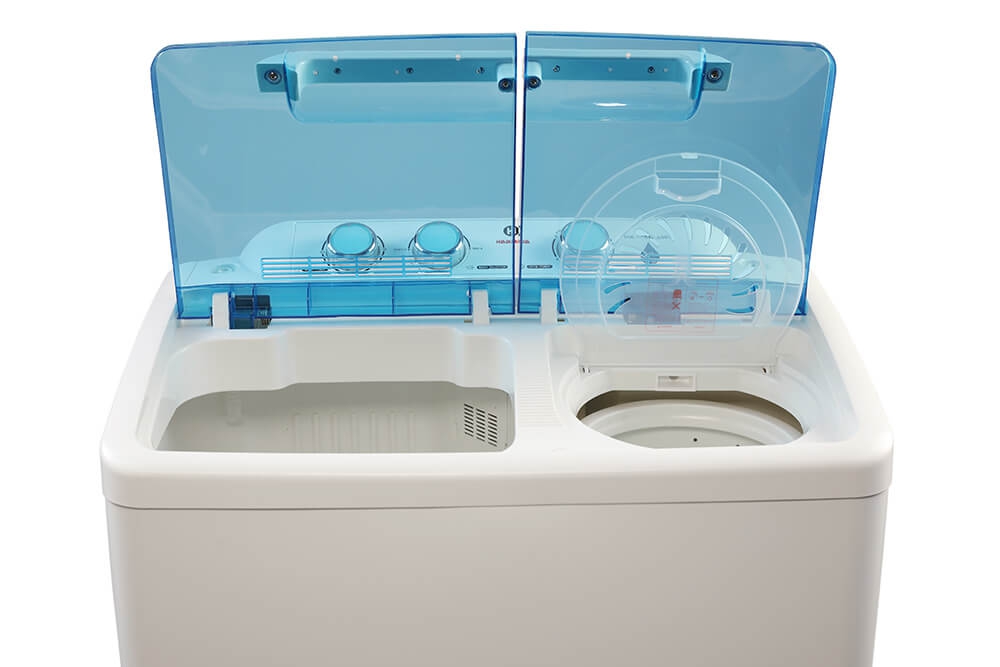 Top-loading twin-tub washing machine with transparent blue lids on a white background