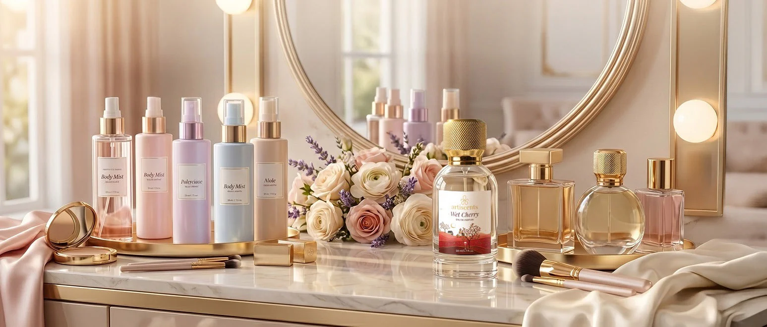 Luxury perfume and body mist bottles arranged on a vanity with flowers and beauty accessories