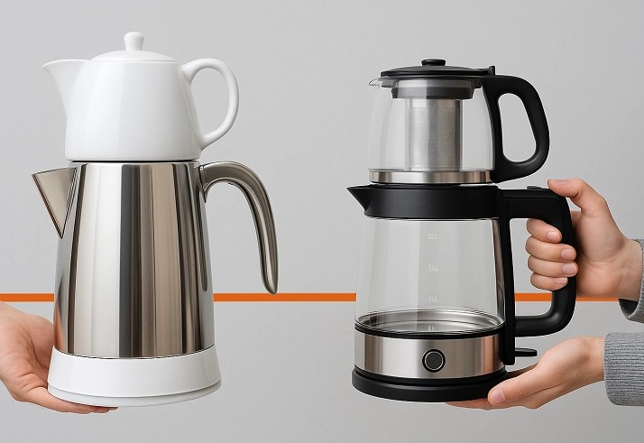 Glass and stainless steel tea makers side by side for material comparison
