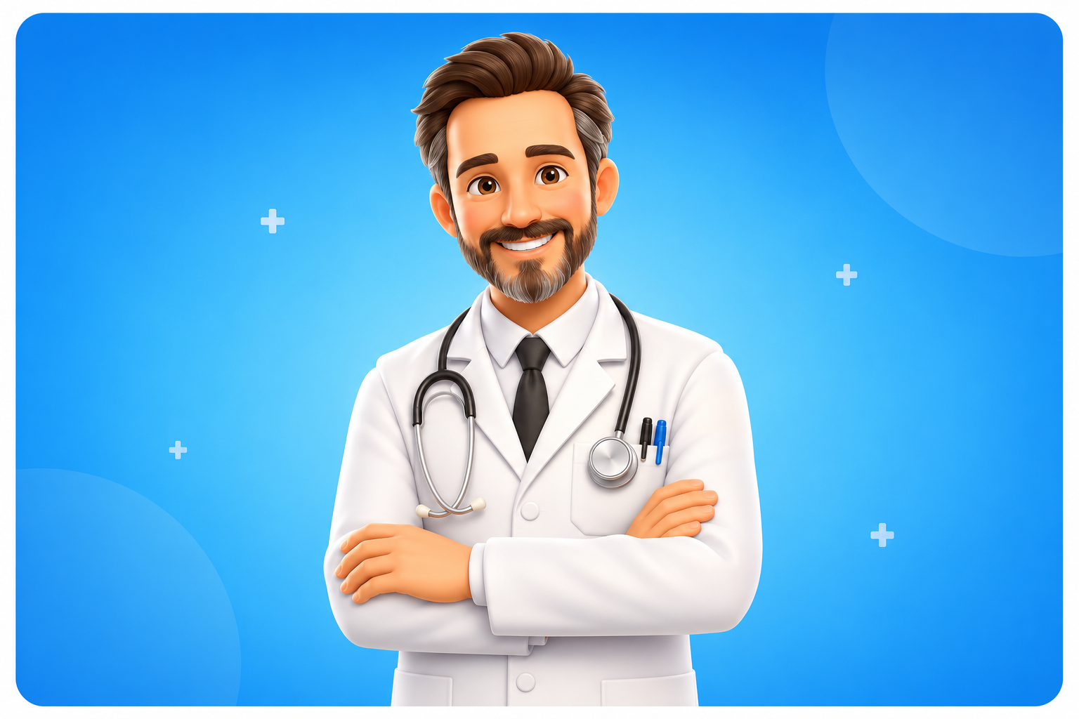 Cartoon male doctor with a stethoscope standing against a blue medical background 