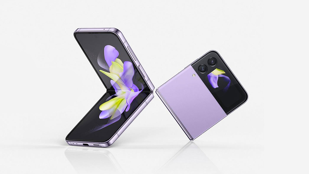 Samsung Galaxy Z Flip foldable smartphone shown open and closed with purple design.