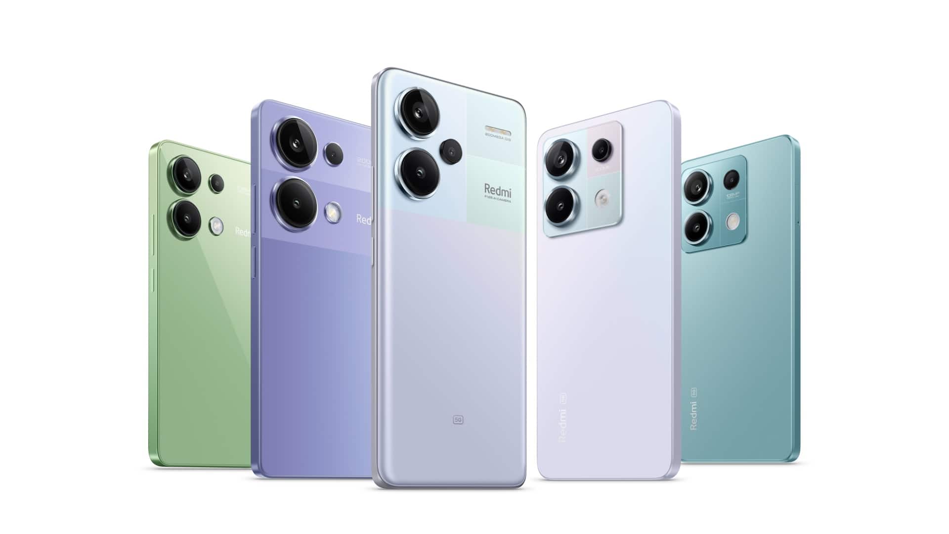 Five Redmi smartphones in pastel colors showcasing different rear camera designs.
