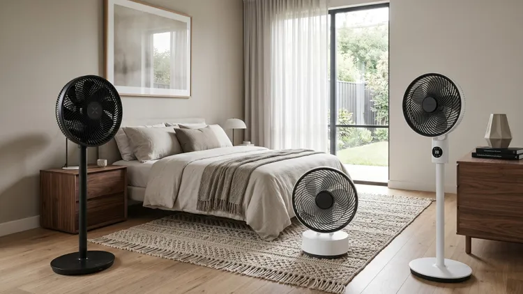 Three standing and tabletop fans arranged in a modern bedroom