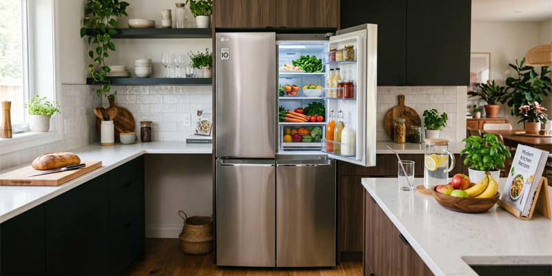 Modern stainless steel refrigerator filled with fresh food in a bright, stylish kitchen.