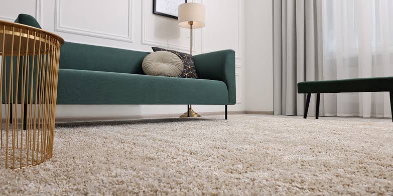 Modern living room with a soft beige carpet and minimalist furniture.
