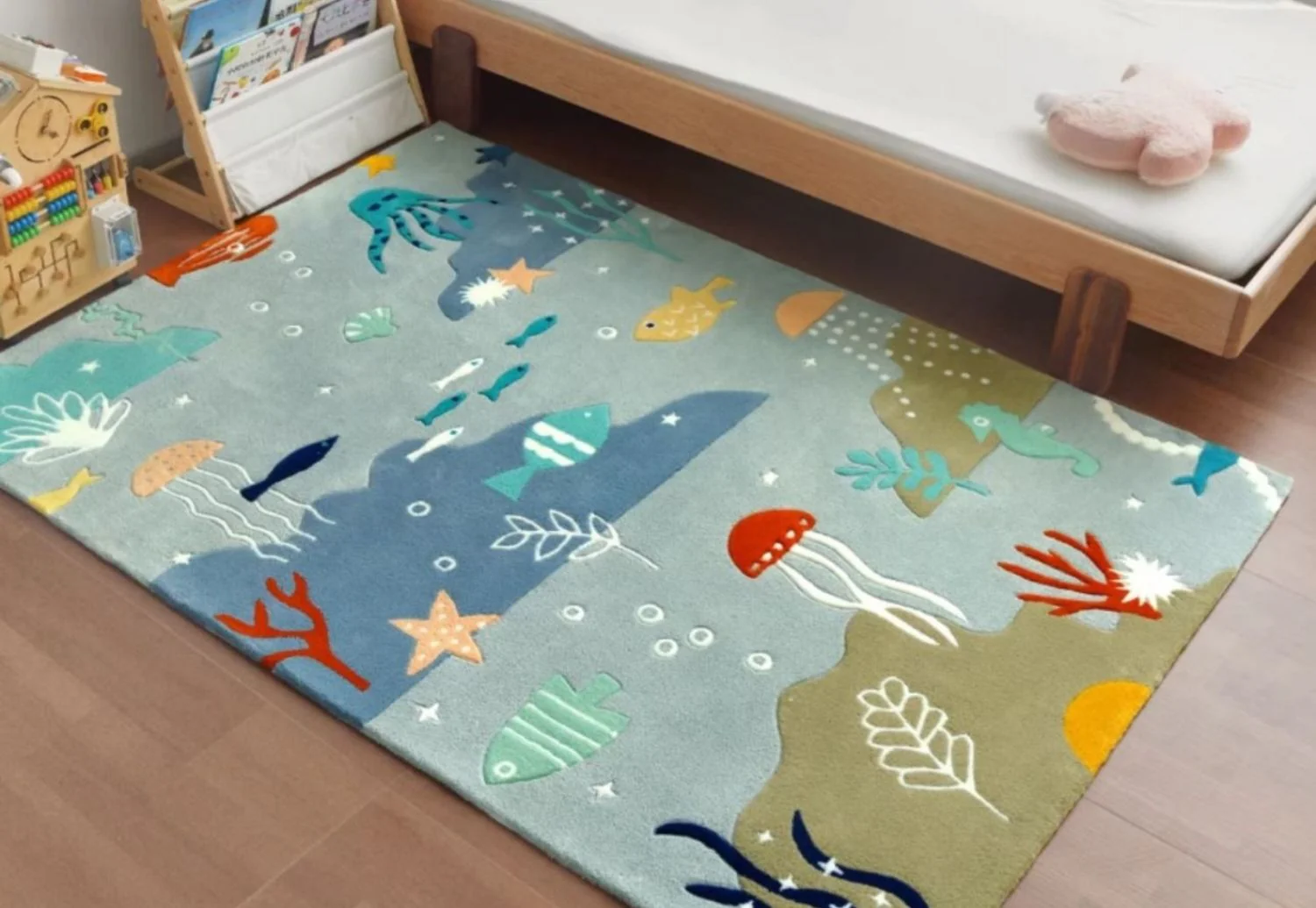 Kids room rug with colorful ocean animals and underwater-themed patterns.