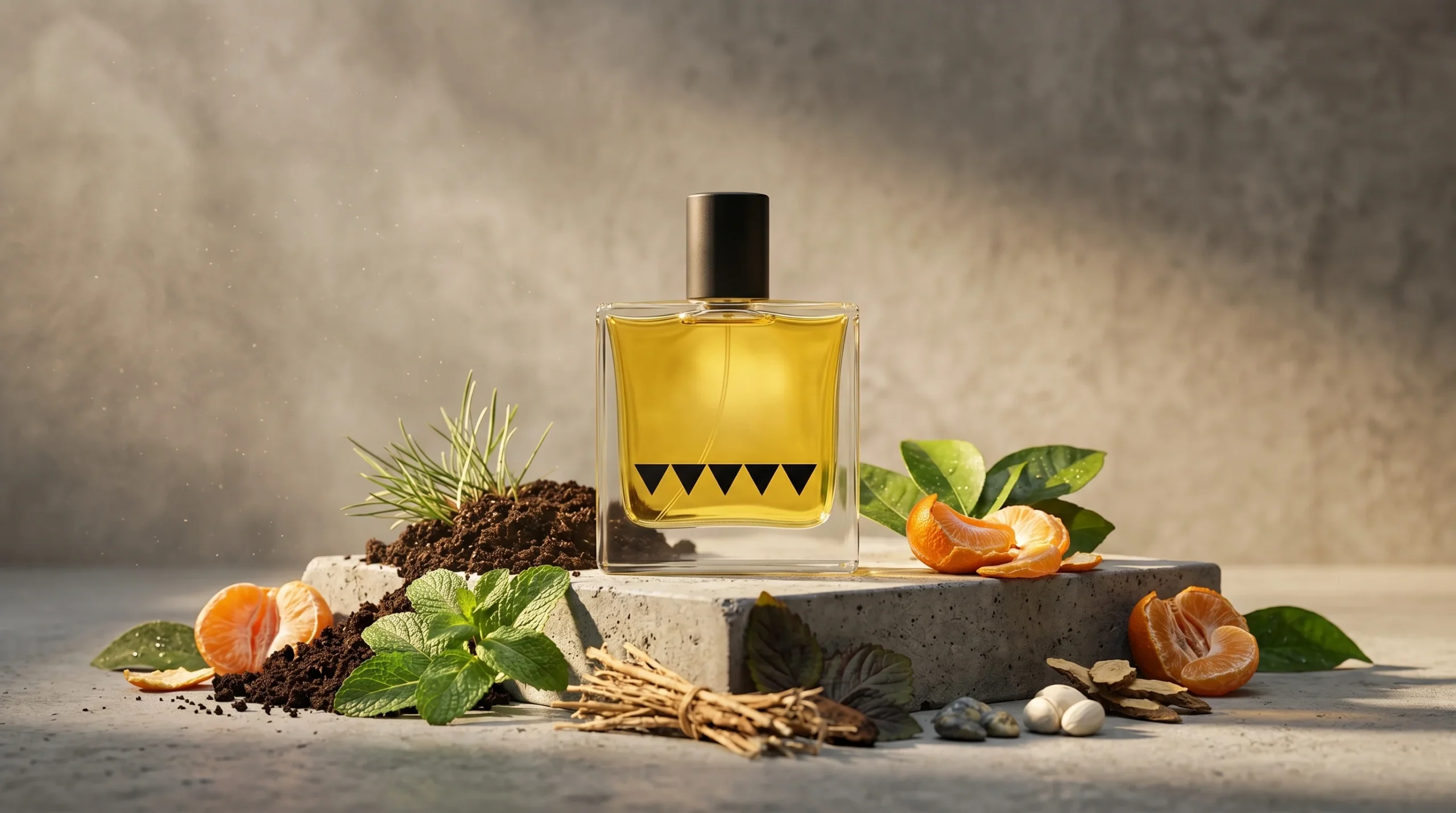 Luxury perfume bottle surrounded by citrus fruits, mint leaves, and natural fragrance ingredients on a stone surface