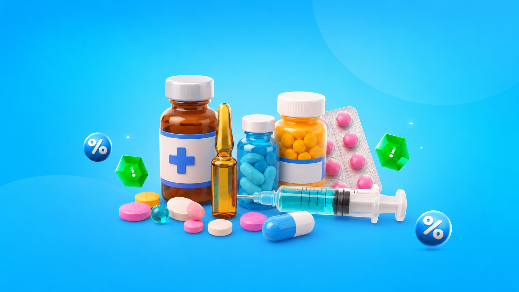 Medicine bottles, tablets, capsules, ampoule, blister pack, and syringe with discount symbols 