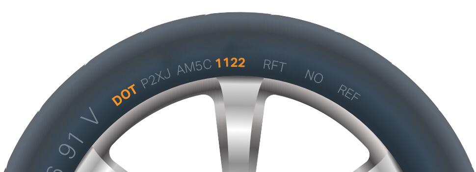 Close-up of tire sidewall showing DOT code and manufacturing information.
