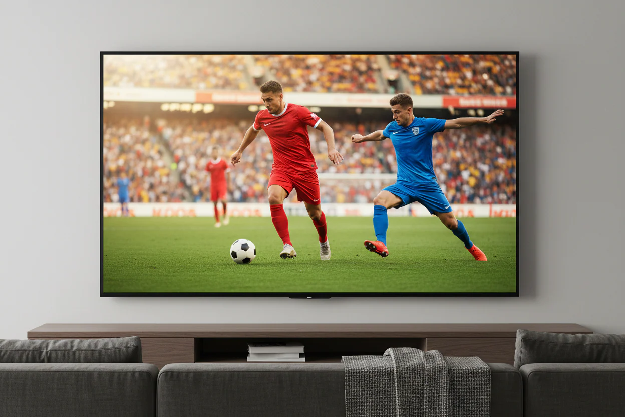 Wall-mounted television displaying a football match in a modern living room 