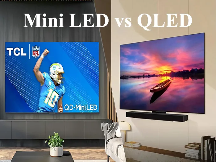 Mini LED and OLED televisions compared side by side in modern living rooms 