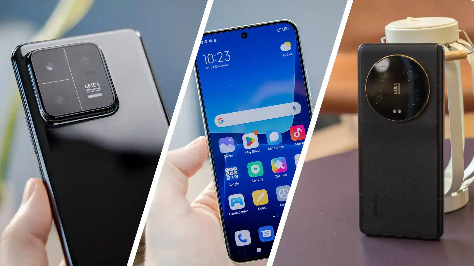 Three Xiaomi smartphones showcasing Leica camera system, display, and premium design.