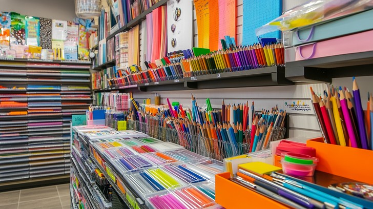 Colorful stationery store display with pencils, pens, notebooks and school supplies