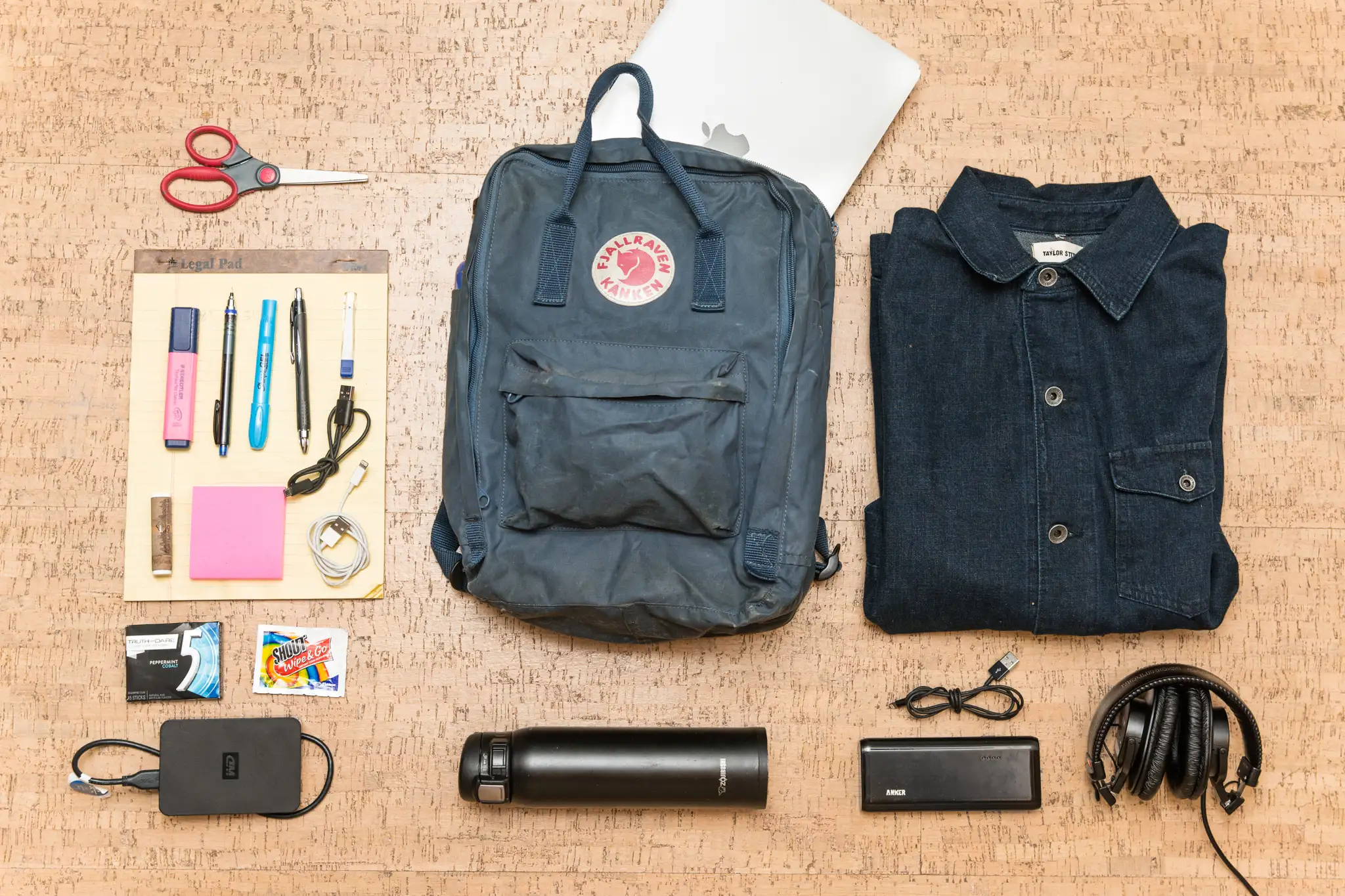 University backpack with laptop, stationery and daily essentials