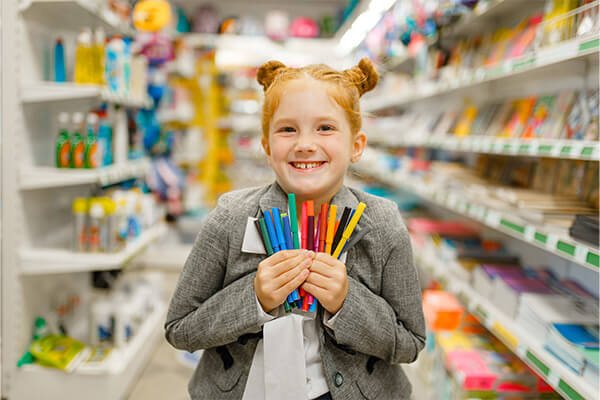 Schoolgirl holding colorful pens in a stationery store