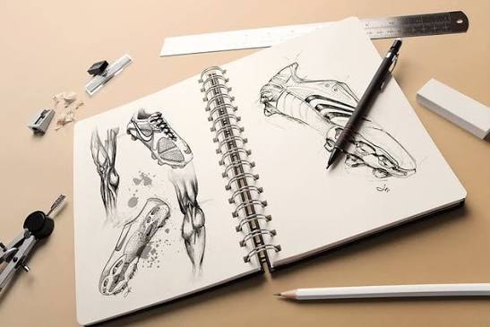 Open spiral sketchbook with pencil drawings and art tools