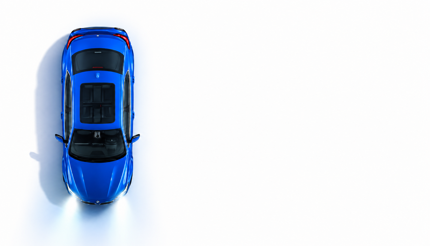 Blue BMW car viewed from above on a white background.