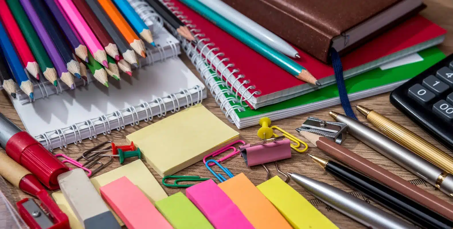 School and office supplies with notebooks, colored pencils, pens, sticky notes and stationery items
