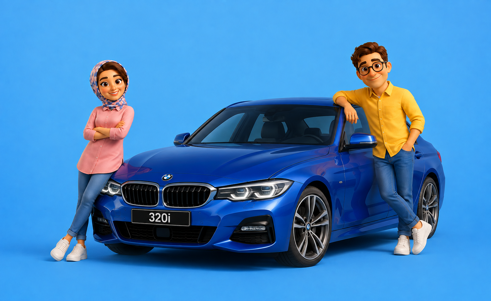 Blue BMW 320i with a young couple leaning against the car