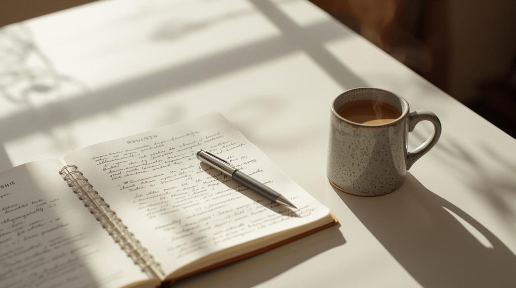 Open spiral notebook with handwritten notes and a pen beside a coffee mug