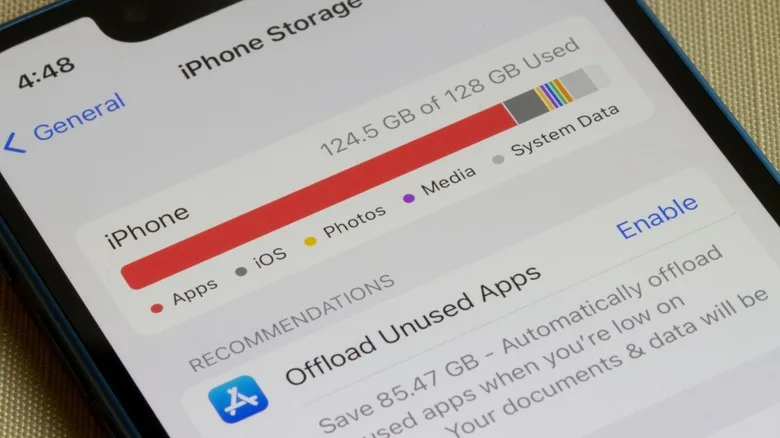 iPhone Storage showing 124.5 GB of 128 GB used