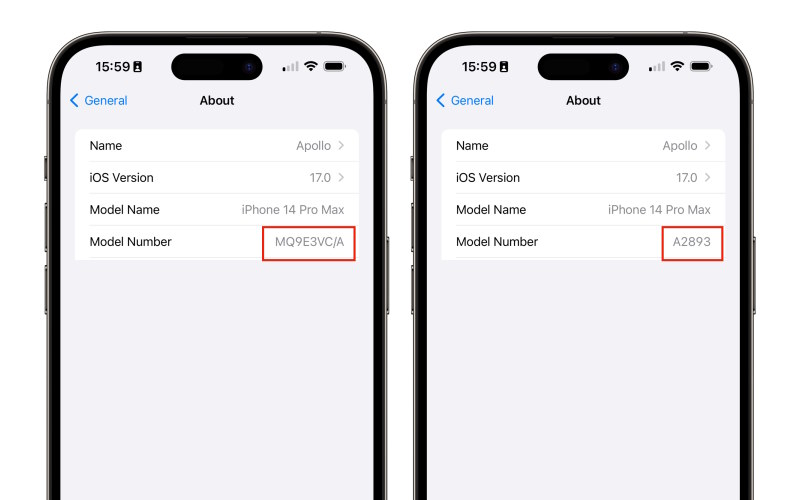 iPhone About settings comparing part number and model number formats
