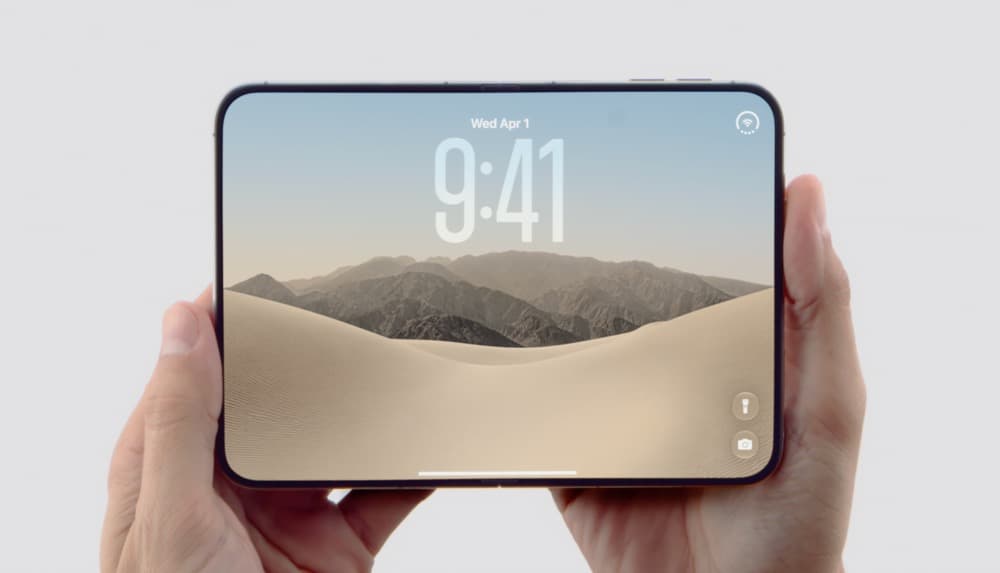 Foldable iPhone concept showing a large edge-to-edge display held in both hands