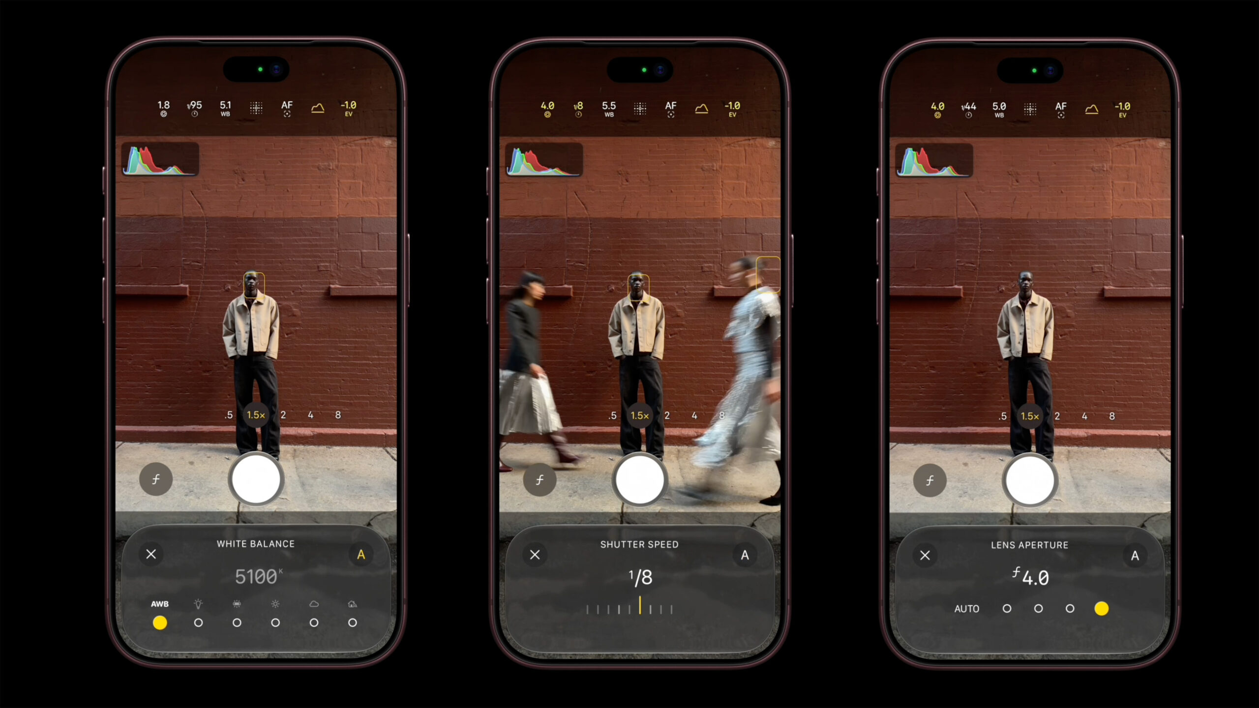 iPhone 18 Pro camera controls showing white balance, shutter speed, and aperture settings