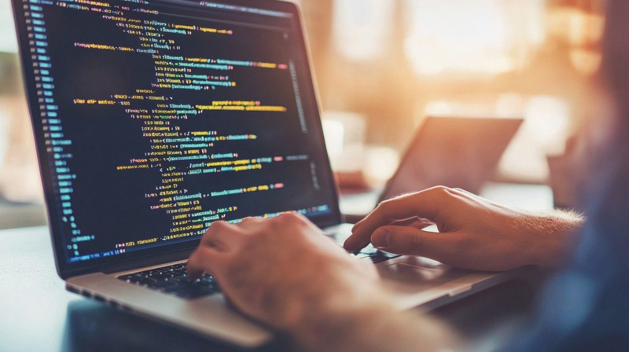 Developer coding on a laptop in a bright workspace
