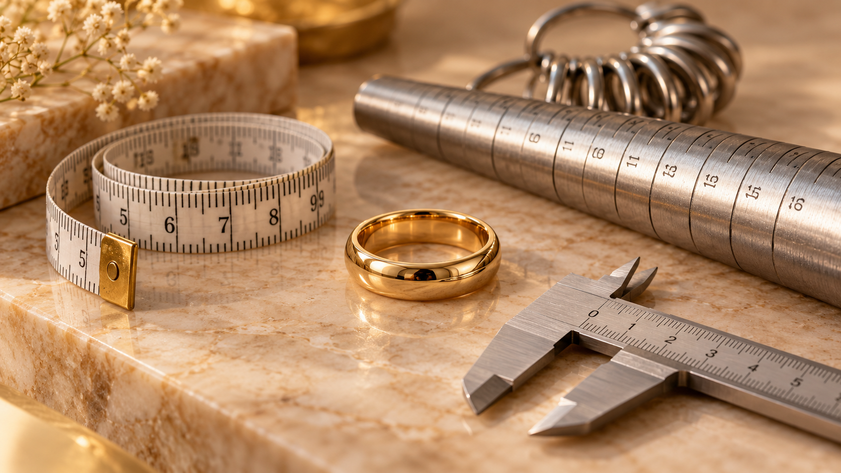 Gold ring with measuring tape, ring mandrel, and caliper for checking ring size