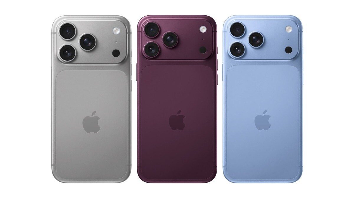 Three iPhone 18 Pro models in silver, burgundy, and blue colors