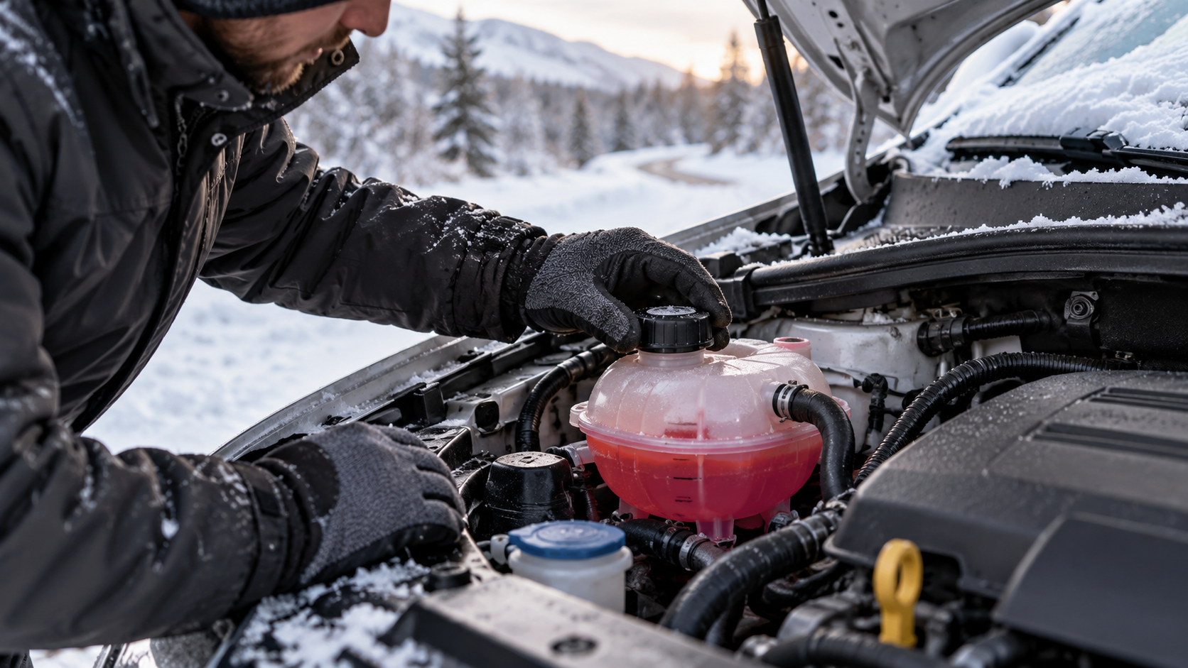 Checking car antifreeze and coolant levels before winter in snowy weather.