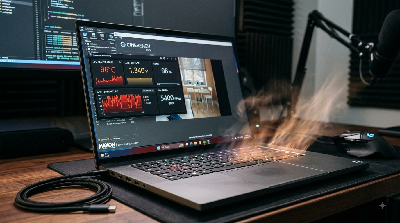 Laptop overheating during a CPU stress test, showing high temperatures and heavy processor load
