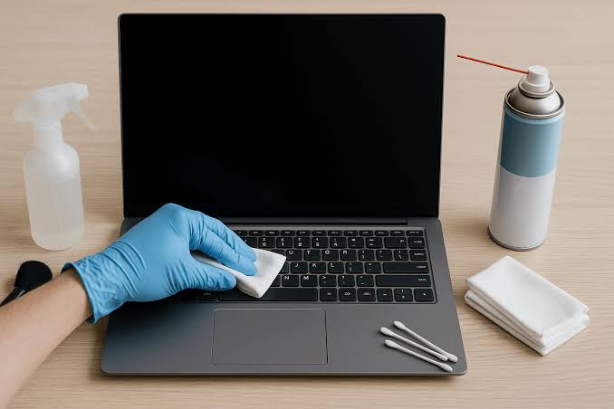 Cleaning a laptop keyboard with a cloth, compressed air, and cotton swabs