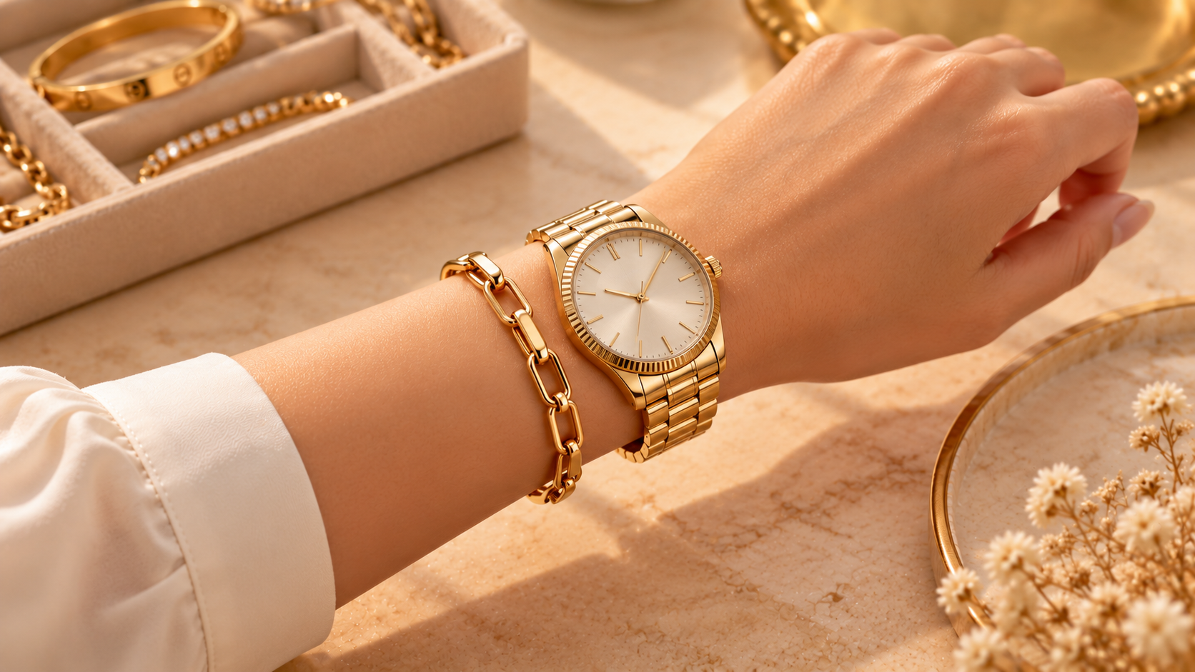 Gold chain bracelet paired with a gold wristwatch on a warm luxury background