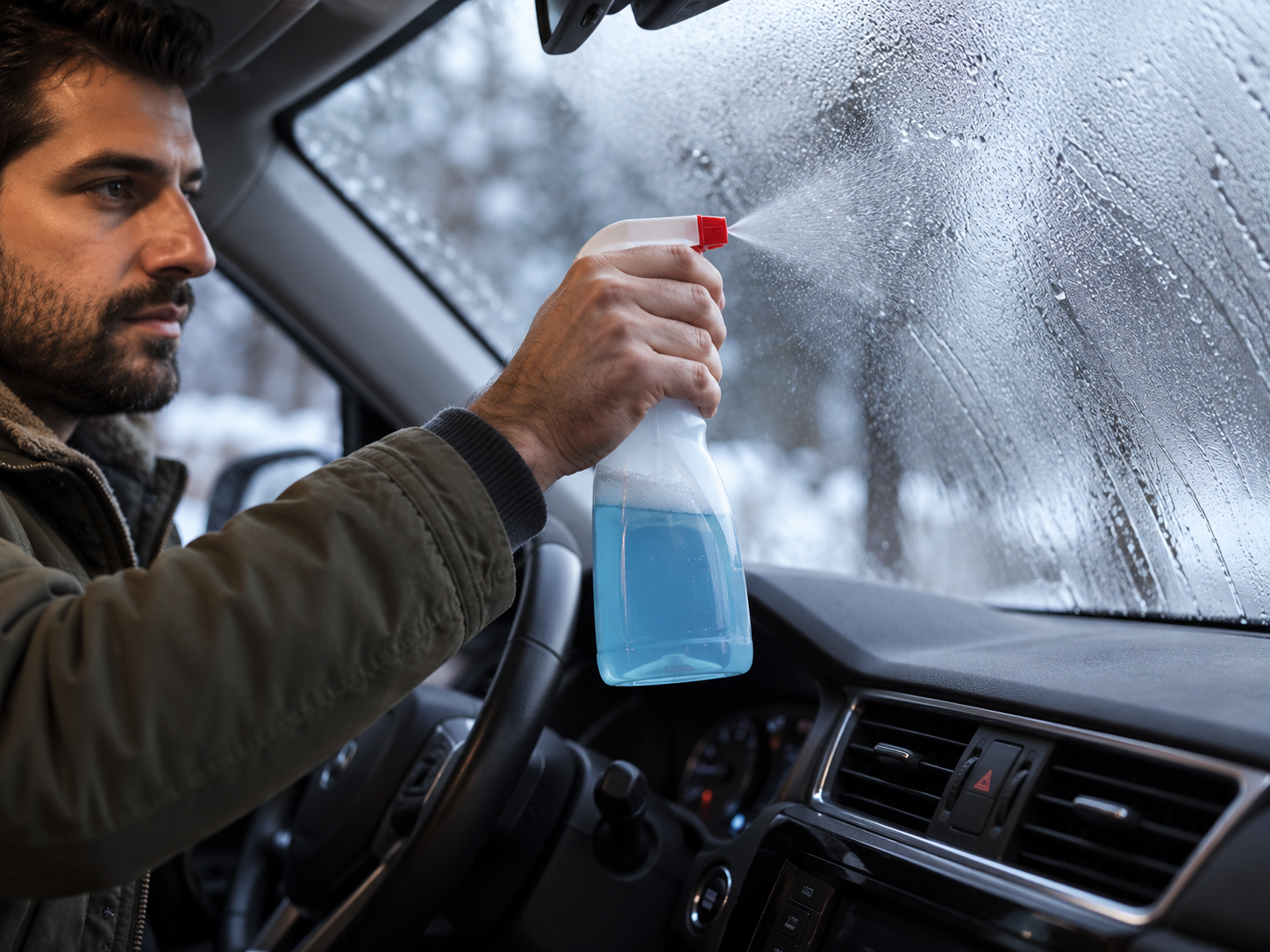 Man spraying anti-fog cleaner on a fogged car windshield to remove condensation in winter.