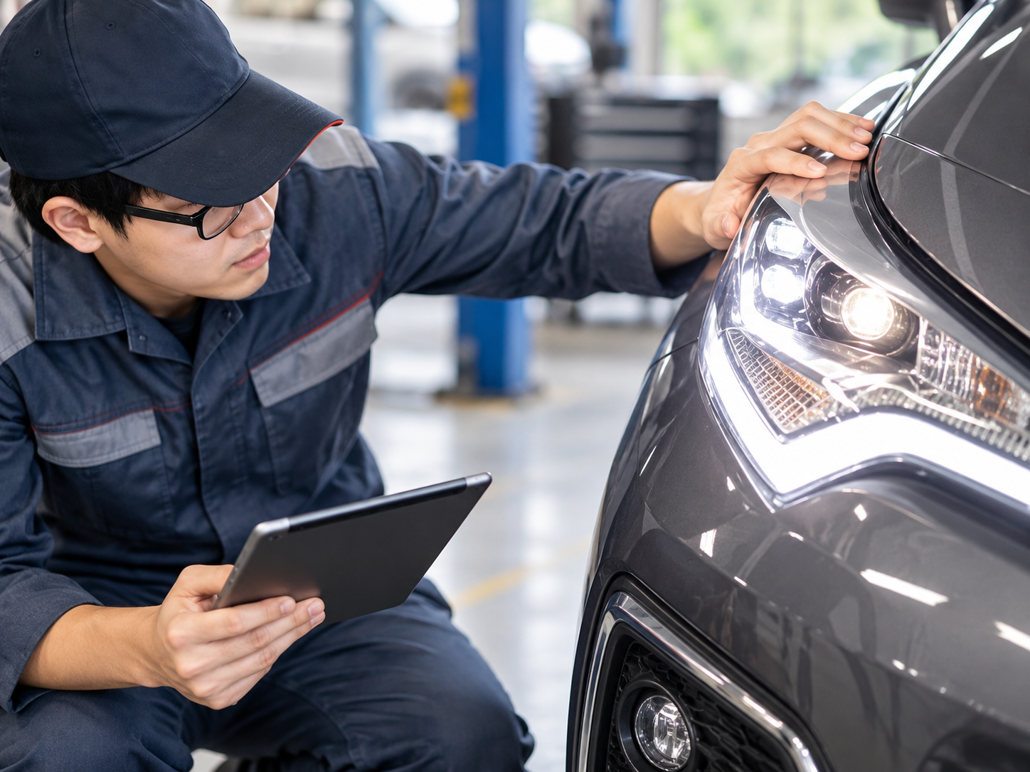 Mechanic inspecting car headlights and fog lights during vehicle maintenance.